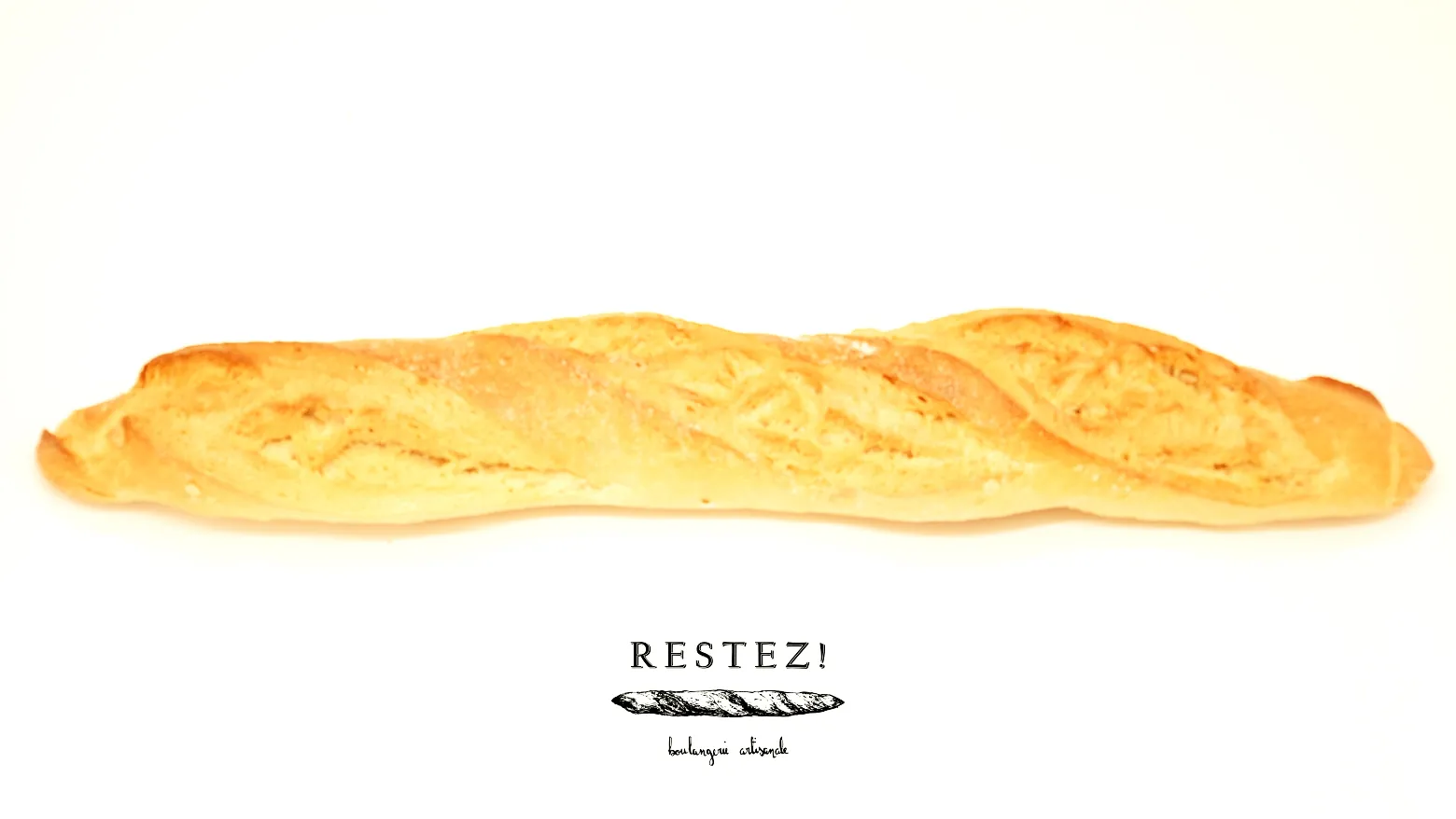 Ein Baguette von Restez!, freigestellt auf hellem Grund